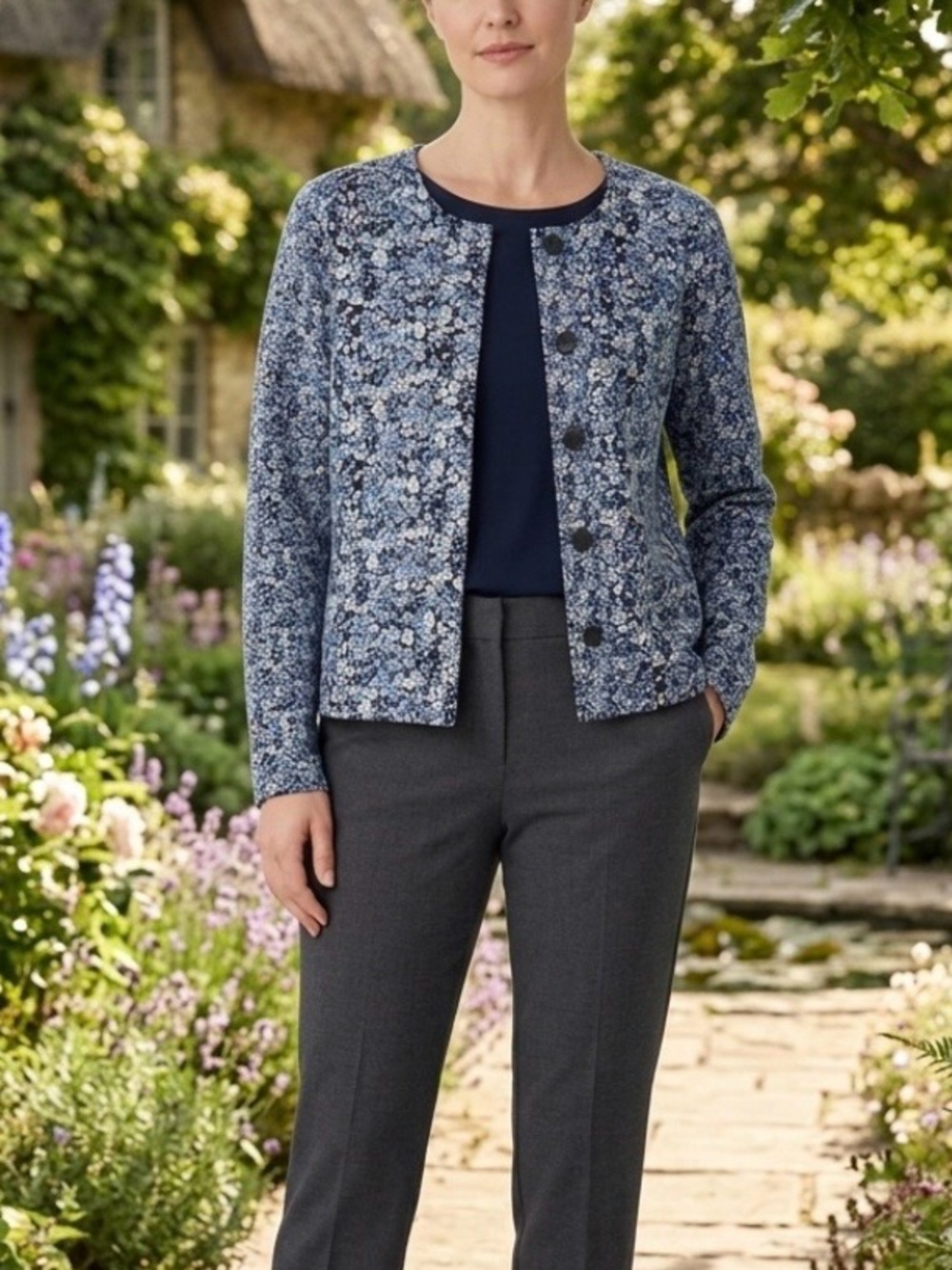 J.Jill Blue & White Floral Button-Up Cardigan Size M